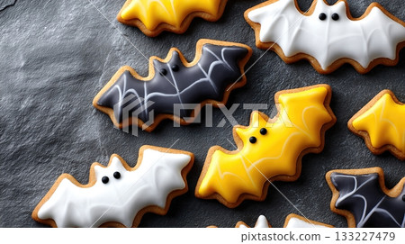 Gourmet Bat-Shaped Cookies Displayed on a Dark Slate Background for Festive Occasions Gourmet Bat-Shaped Cookies Displayed on a Dark Slate Background for Festive Occasions 133227479