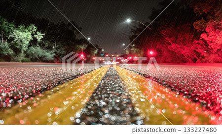State of Emergency With Saturated Colors in a Rainy Urban Street at Night 133227480