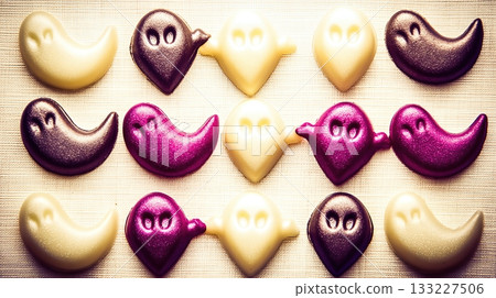 Assorted Halloween Candies in Ghost Shapes in Different Colors Arranged Neatly on Display Assorted Halloween Candies in Ghost Shapes in Different Colors Arranged Neatly on Display 133227506