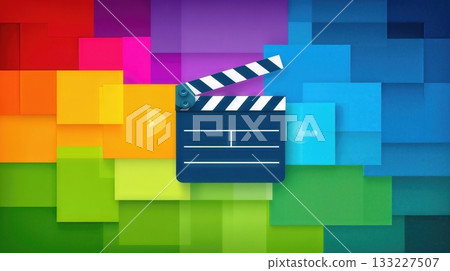 Colorful Movie Camera Clapperboard on Vibrant Background With Film and Creative Elements 133227507