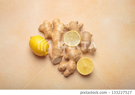Ginger roots fresh lemons light background healthy remedy medicine immunity 133227527