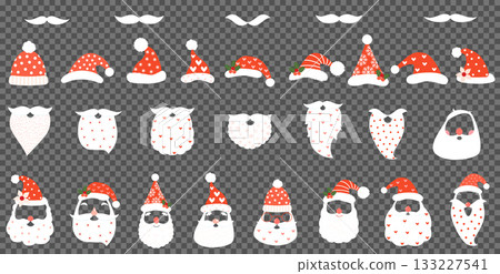 Vector Santa hats, beards and mustaches with different patterns for Christmas greeting cards and holiday designs Vector Santa hats, beards and mustaches with different patterns for Christmas greeting cards and holiday designs 133227541