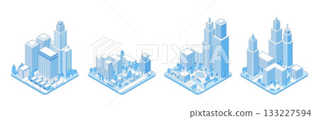 Isometric line city district. Residential and industrial urban districts with houses, apartment buildings, warehouse, skyscrapers. Modern town nifty vector design Isometric line city district. Residential and industrial urban districts with houses, apartment buildings, warehouse, skyscrapers. Modern town nifty vector design 133227594