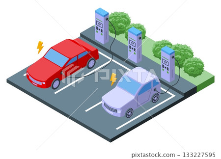 Isometric electric vehicle charging. Car stop with eco station with charge. Personal autos stand on charged. Modern urban e-transport, nifty vector 3d scene 133227595