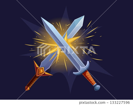 Swords battle cross with light effect. Fiery sparks from iron. Ancient warriors, medieval knight or viking battles element, steel strike, sapid vector scene Swords battle cross with light effect. Fiery sparks from iron. Ancient warriors, medieval knight or viking battles element, steel strike, sapid vector scene 133227596
