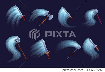 Cartoon weapon attack light effect. Hit shining effects from hammer axe sword. Iron warrior weapons, viking hits. War medieval game design sapid vector set 133227597