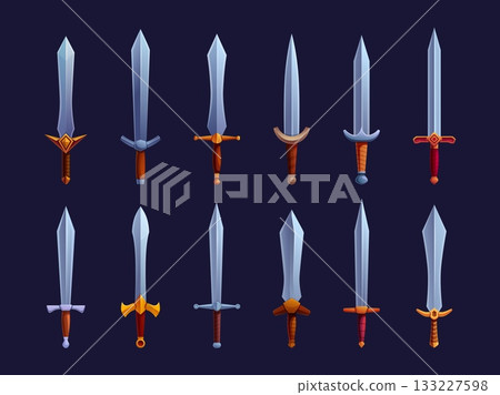 Medieval swords. Cartoon ancient sword game design elements. Knight viking warrior equipment. War iron assets with wooden handles, sapid vector set Medieval swords. Cartoon ancient sword game design elements. Knight viking warrior equipment. War iron assets with wooden handles, sapid vector set 133227598