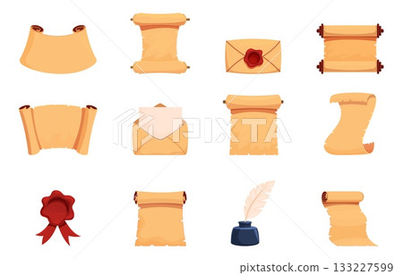 Vintage parchment paper. Papyrus scrolls, envelopes, wax seal. Isolated ancient elements for writing, diploma, religious scripture, sapid vector set Vintage parchment paper. Papyrus scrolls, envelopes, wax seal. Isolated ancient elements for writing, diploma, religious scripture, sapid vector set 133227599