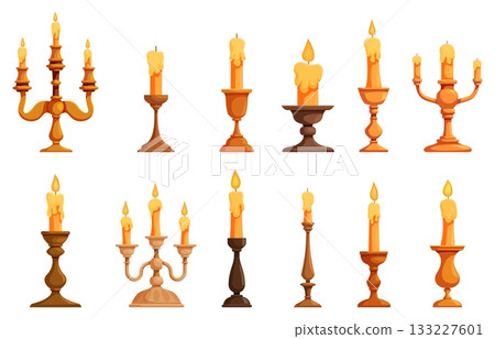 Vintage candlestick. Stylish candlesticks burning candles, retro style elements. Medieval style lighting. House or cafe decorations, cartoon sapid vector clipart Vintage candlestick. Stylish candlesticks burning candles, retro style elements. Medieval style lighting. House or cafe decorations, cartoon sapid vector clipart 133227601