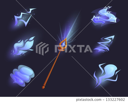 Wizard magic wand power. Lightning effects various design for magical staff. Glowing breakdown, energy spell light attack. Game design elements sapid vector set 133227602