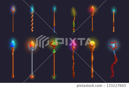 Wizard wooden staff. Magic wands, wooden metal staffs with gemstones. Witch tools for spells. Fairy tale cartoon elements, game design sapid vector set Wizard wooden staff. Magic wands, wooden metal staffs with gemstones. Witch tools for spells. Fairy tale cartoon elements, game design sapid vector set 133227603