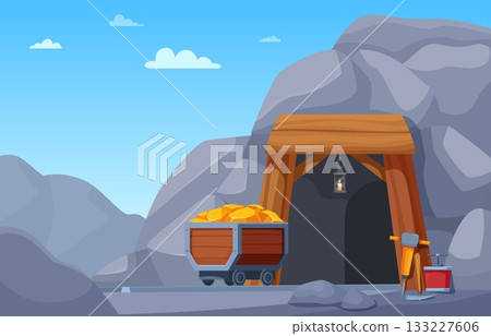 Mining cave entrance. Cart with golden bars near an abandoned cave in rock. Minecart on rails, mining works in mountain, industrial sapid vector scene Mining cave entrance. Cart with golden bars near an abandoned cave in rock. Minecart on rails, mining works in mountain, industrial sapid vector scene 133227606
