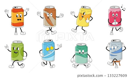 Retro drink can characters. Groovy soda cans or beer. Drink characters various emotions and poses. Funny cold beverages, menu neoteric vector elements Retro drink can characters. Groovy soda cans or beer. Drink characters various emotions and poses. Funny cold beverages, menu neoteric vector elements 133227609