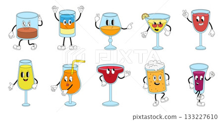 Groovy cocktails. Vintage style alcoholic cocktail, beer, wine characters. Drink party shots, long beverages, juice. Positive retro design elements, neoteric vector clipart 133227610