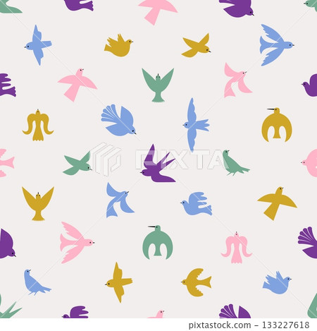 Abstract bird silhouettes seamless pattern. Simple minimalistic style birds, flying swallow and dove. Decorative print template, nowaday vector background Abstract bird silhouettes seamless pattern. Simple minimalistic style birds, flying swallow and dove. Decorative print template, nowaday vector background 133227618