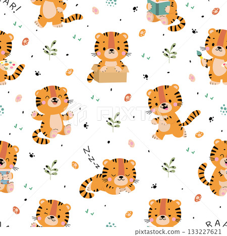 Cartoon cute tigers pattern. Tiger print template, wild animal children mascot. Design for fabric, wrapping, wallpaper, website. Nowaday vector background Cartoon cute tigers pattern. Tiger print template, wild animal children mascot. Design for fabric, wrapping, wallpaper, website. Nowaday vector background 133227621