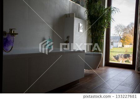Contemporary room with garden glimpse, Warm and inviting washroom overlooking scenic views, Lightfilled contemporary bathroom showcasing lush outdoor scenery through windows Contemporary room with garden glimpse, Warm and inviting washroom overlooking scenic views, Lightfilled contemporary bathroom showcasing lush outdoor scenery through windows 133227681
