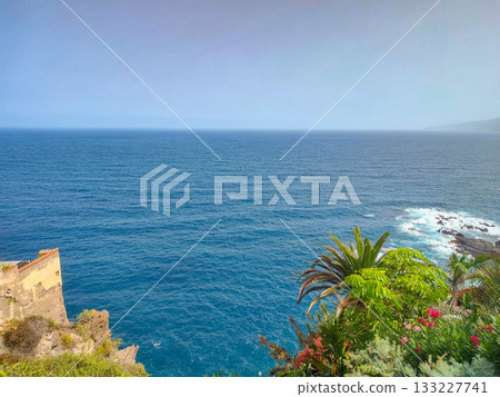 A Serene Coastal View Featuring Lush Greenery Surrounded by the Calm Ocean Waves A Serene Coastal View Featuring Lush Greenery Surrounded by the Calm Ocean Waves 133227741