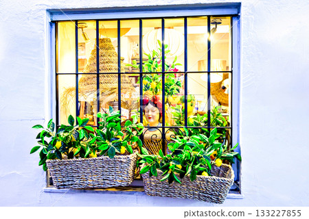 Typical window with grilles on a white wall with baskets of flowers. Altea, Alicante 133227855