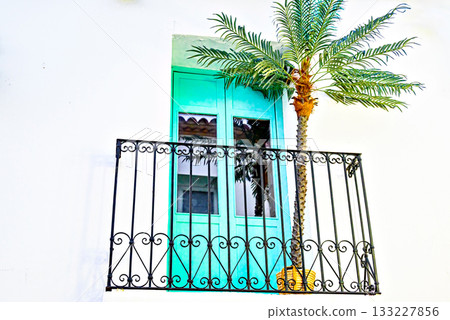 Typical white facade with a wrought-iron balcony featuring a palm tree and a turquoise door. Altea, Alicante 133227856