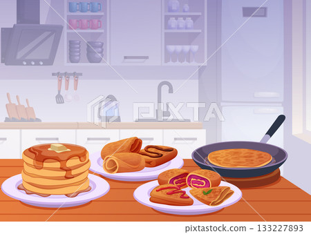Pancakes. Tasty dessert food on kitchen table exact vector pancakes with syrup 133227893