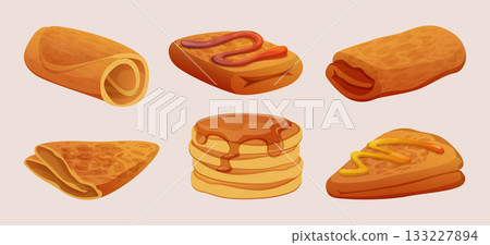 Pancakes. Delicious dessert pancakes with syrup chocolate and fruits exact vector food illustration in cartoon style 133227894