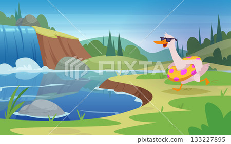 Goose. Cartoon outdoor background with cute funny duck or goose flying and walking exact vector template 133227895