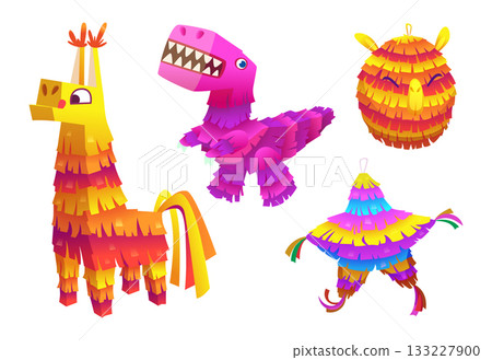 Pinatas. Cartoon mexican party toys with sweets exact vector different pinatas Pinatas. Cartoon mexican party toys with sweets exact vector different pinatas 133227900