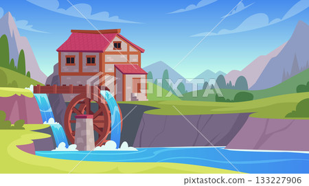 Watermill landscape. Rural outdoor old style background exact vector cartoon template 133227906