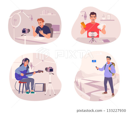 Bloggers. Audio video and write content web production characters exact vector bloggers characters 133227930