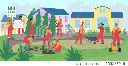 Professional landscape designer and skilled gardeners team working on yard outdoors cartoon scene Professional landscape designer and skilled gardeners team working on yard outdoors cartoon scene 133227946