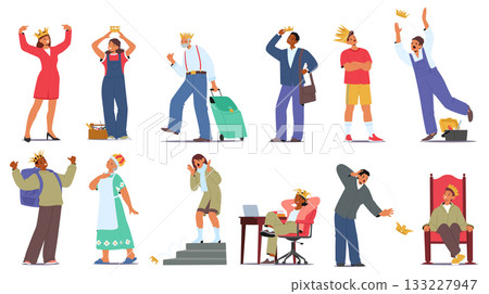 Diverse people wearing golden crowns representing strong self-esteem or excessive narcissism set 133227947