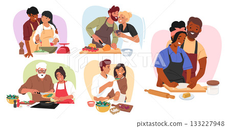 Happy couple enjoying preparing food together cartoon scene with characters of different ages 133227948