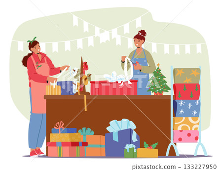 Team of saleswomen wrapping gift according to customers orders working at retail shop cartoon scene 133227950