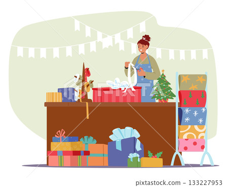 Saleswoman engaged in wrapping gifts providing skilled high-quality retail service cartoon scene 133227953