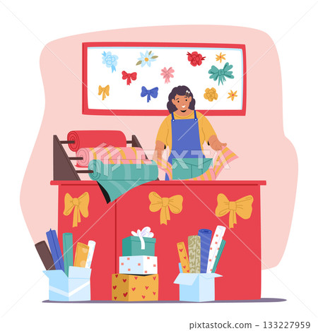 Happy smiling excited saleswoman wrapping gifts for client at shop counter desk cartoon scene Happy smiling excited saleswoman wrapping gifts for client at shop counter desk cartoon scene 133227959