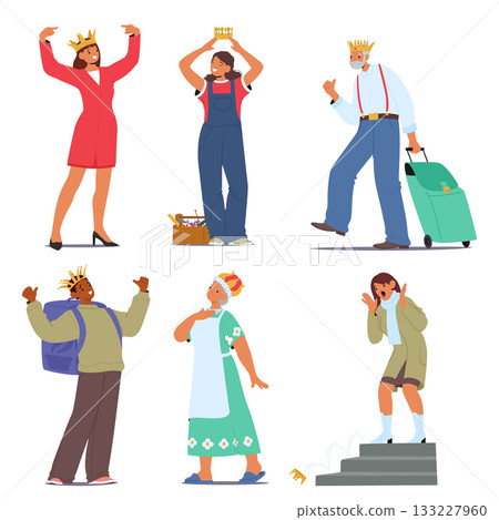 People of different ages in golden crown as symbol of self-worth, self-admiration and self-esteem 133227960