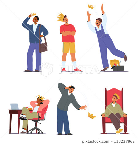 Fragility and strength of human pride and self-respect set with diverse people characters on crown 133227962