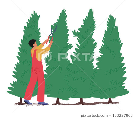 Male gardener cartoon character trimming trees with pruning shears tool to care for plants 133227963