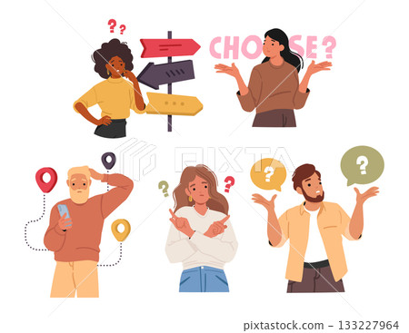 Stressed people pondering searching alternatives answers making decision having difficult choice set Stressed people pondering searching alternatives answers making decision having difficult choice set 133227964