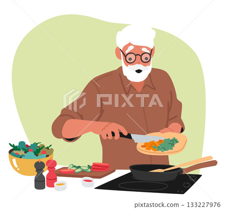 Retired senior man happy cartoon character preparing food cooking dinner at home kitchen scene 133227976