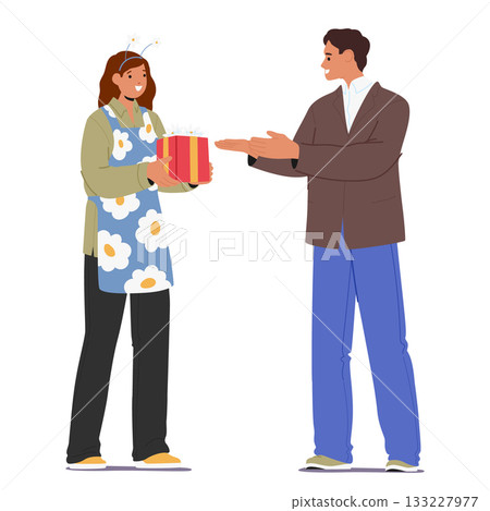 Saleswoman giving ready wrapped gift box prepared for party to satisfied customer isolated on white Saleswoman giving ready wrapped gift box prepared for party to satisfied customer isolated on white 133227977