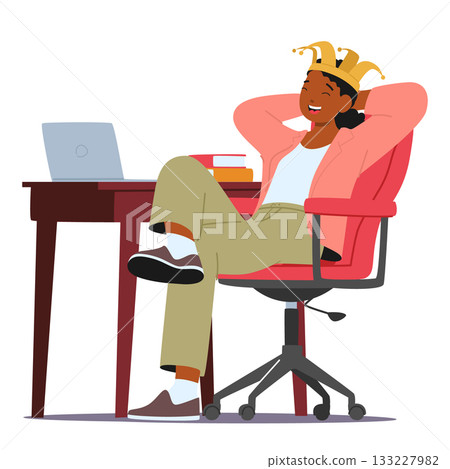 Happy satisfied home office freelance worker cartoon character wearing crown sitting at desk table 133227982