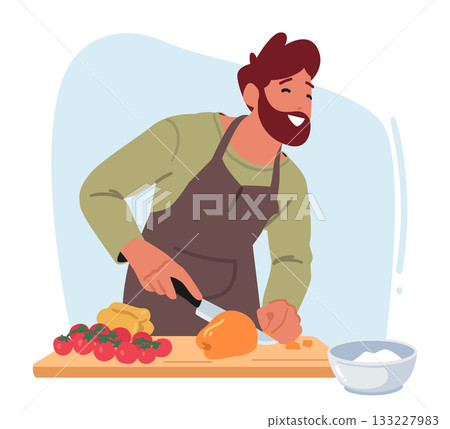 Happy man cartoon character cutting vegetables for salad while cooking dinner at home kitchen 133227983