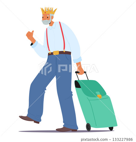 Senior man traveler cartoon character wearing golden crown carrying luggage bag isolated on white 133227986