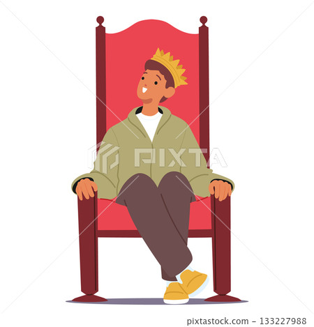 Teenage boy character in golden crown sitting on throne aspiring power, leadership and self-esteem 133227988