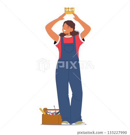 Female repairman in work clothes putting golden crown on her head isolated on white background 133227990