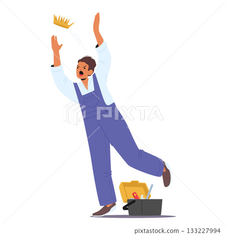 Angry furious repairman cartoon character screaming and yelling with golden crown flew off his head 133227994
