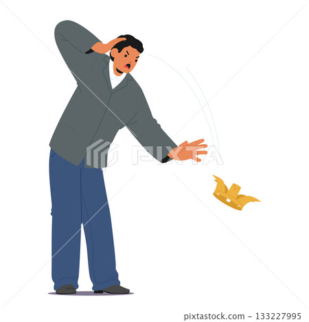 Angry unhappy man cartoon character loosing his golden crown screaming feeling panic and rage Angry unhappy man cartoon character loosing his golden crown screaming feeling panic and rage 133227995