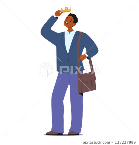 Businessman cartoon character with briefcase wearing formal suit putting golden crown on head 133227999